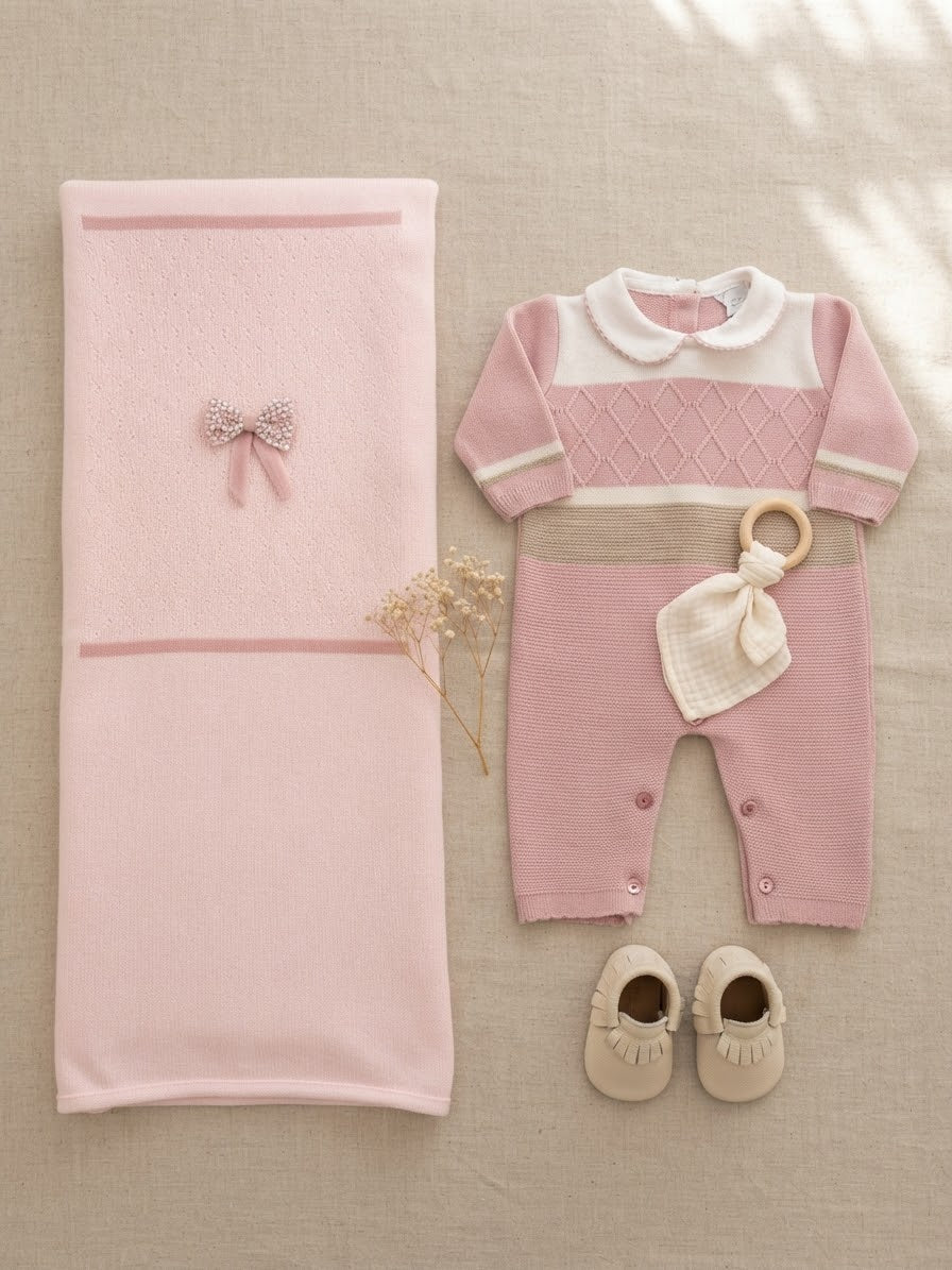 Tuta Neonato in Maglia Rosa, Panna e Tortora con Copertina Coordinata