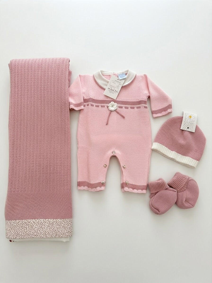 Completo Neonato in Maglia Rosa Antico con Copertina, Cappellino e Scarpine