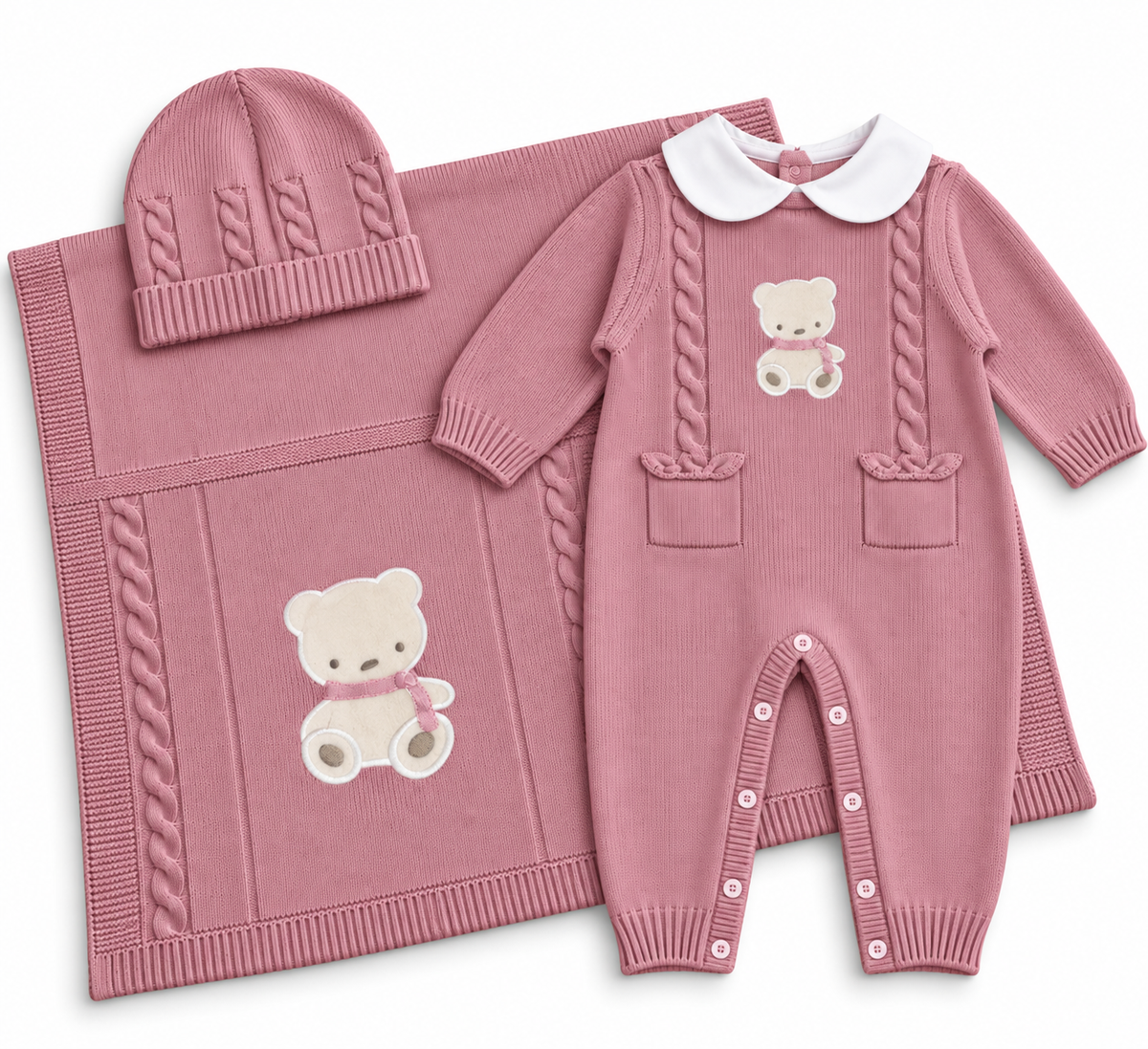 Completo Nascita Neonato in Maglia con Orsetto Pastello