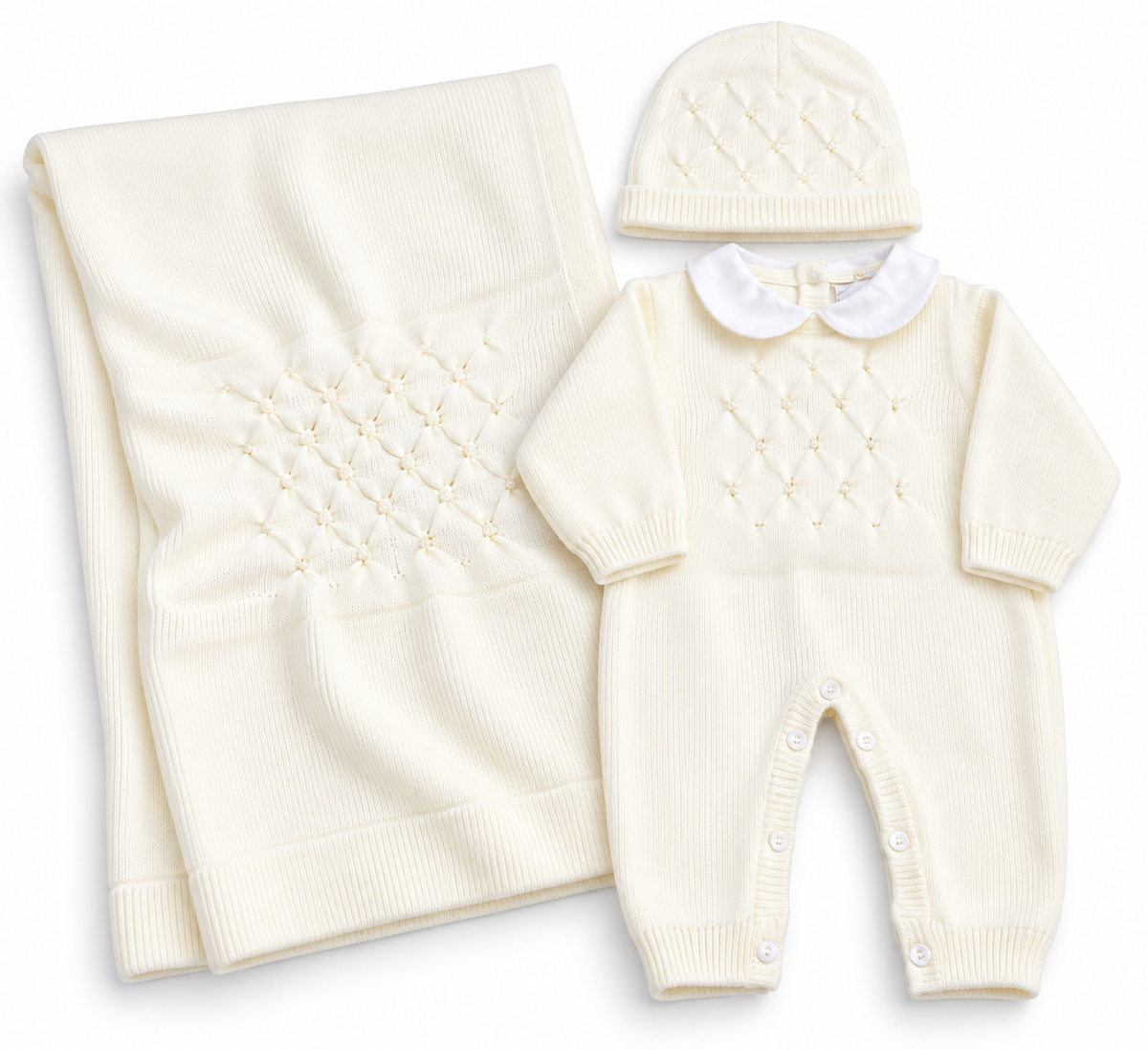 Completo Nascita Neonato in Maglia con Copertina e Cappellino – 3 Pezzi Pastello