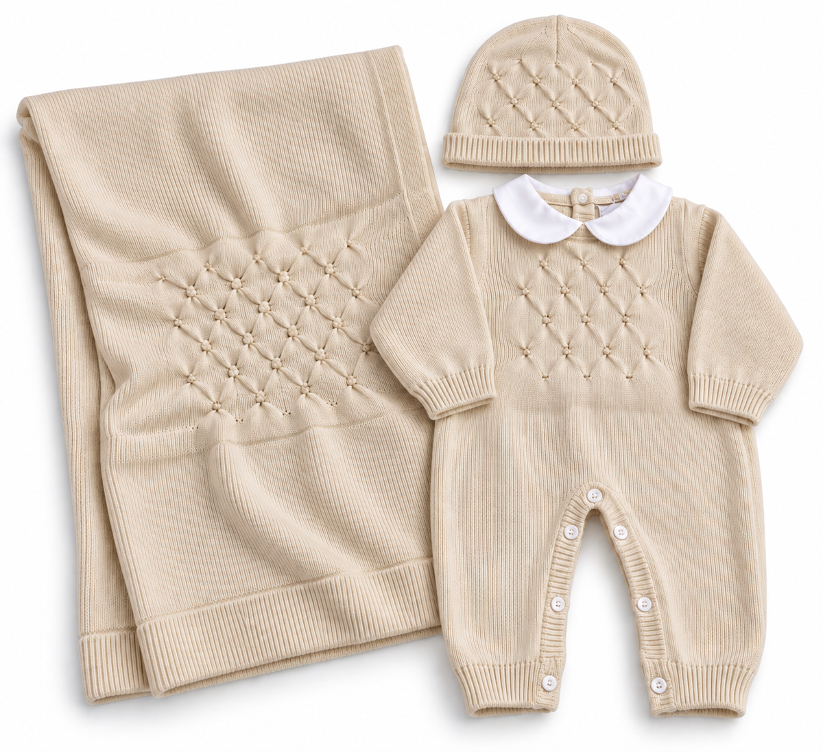 Completo Nascita Neonato in Maglia con Copertina e Cappellino – 3 Pezzi Pastello