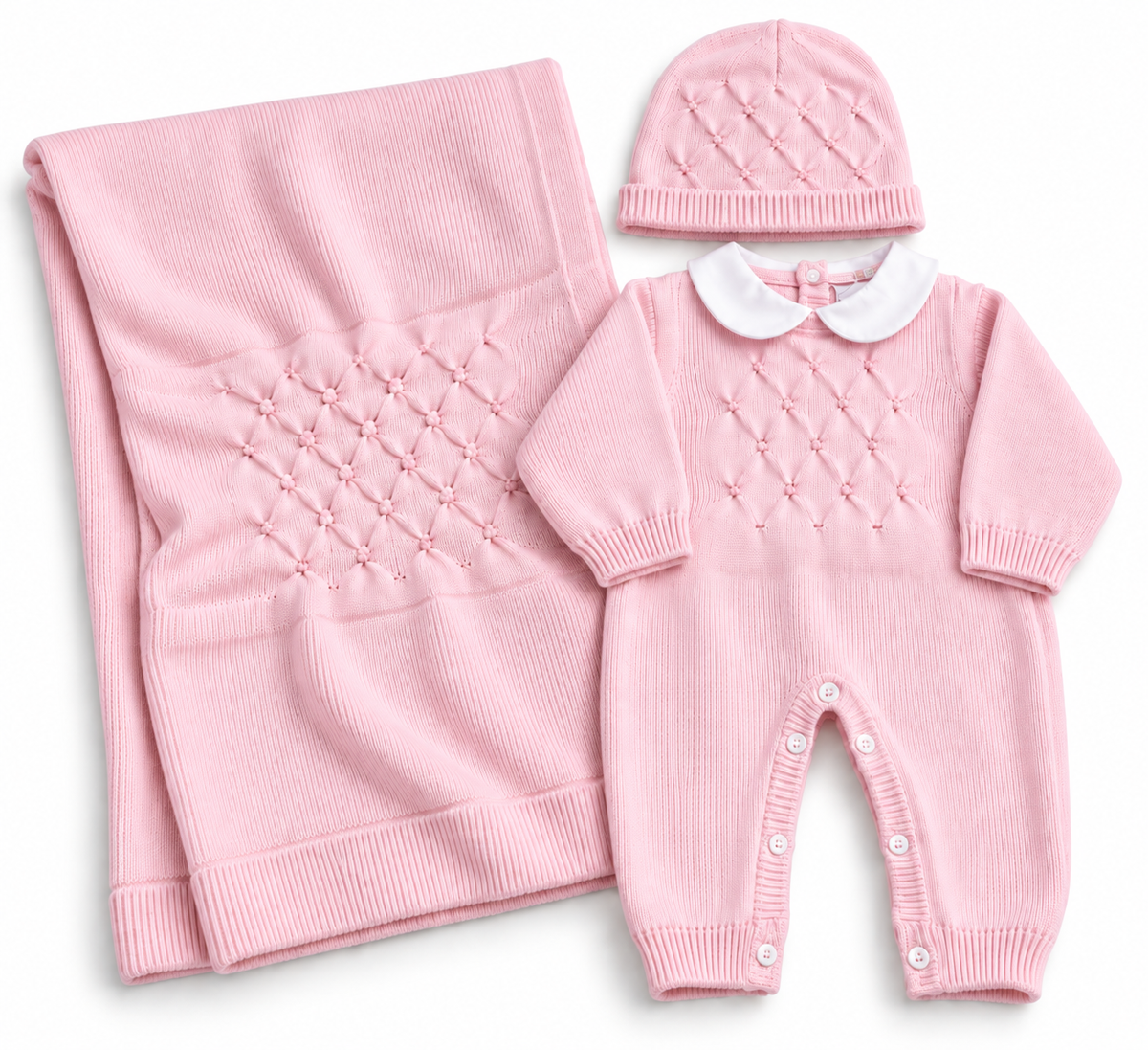 Completo Nascita Neonato in Maglia con Copertina e Cappellino – 3 Pezzi Pastello