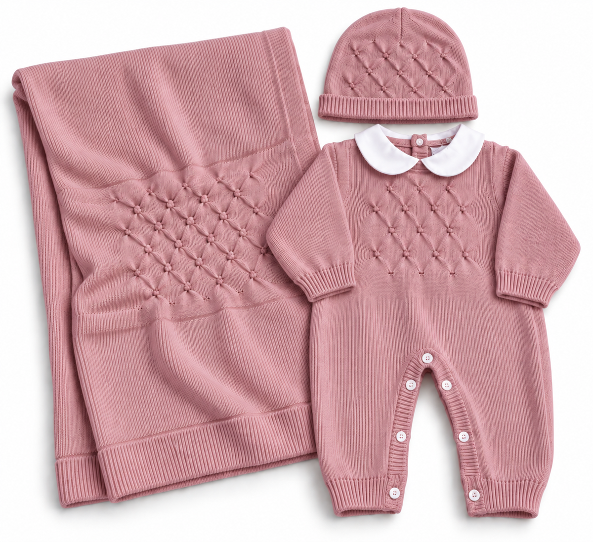 Completo Nascita Neonato in Maglia con Copertina e Cappellino – 3 Pezzi Pastello