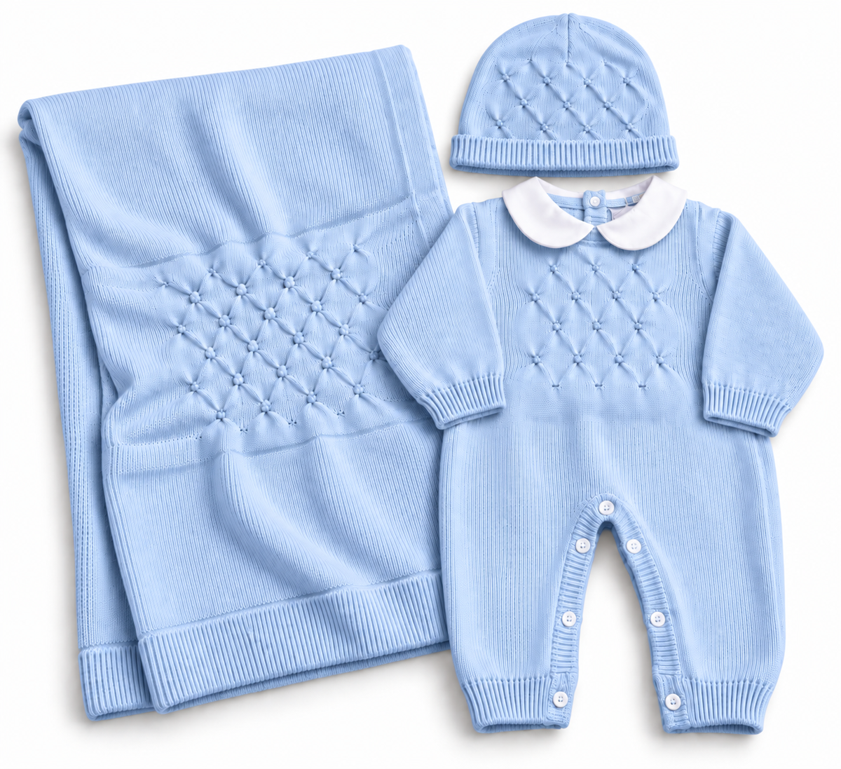 Completo Nascita Neonato in Maglia con Copertina e Cappellino – 3 Pezzi Pastello
