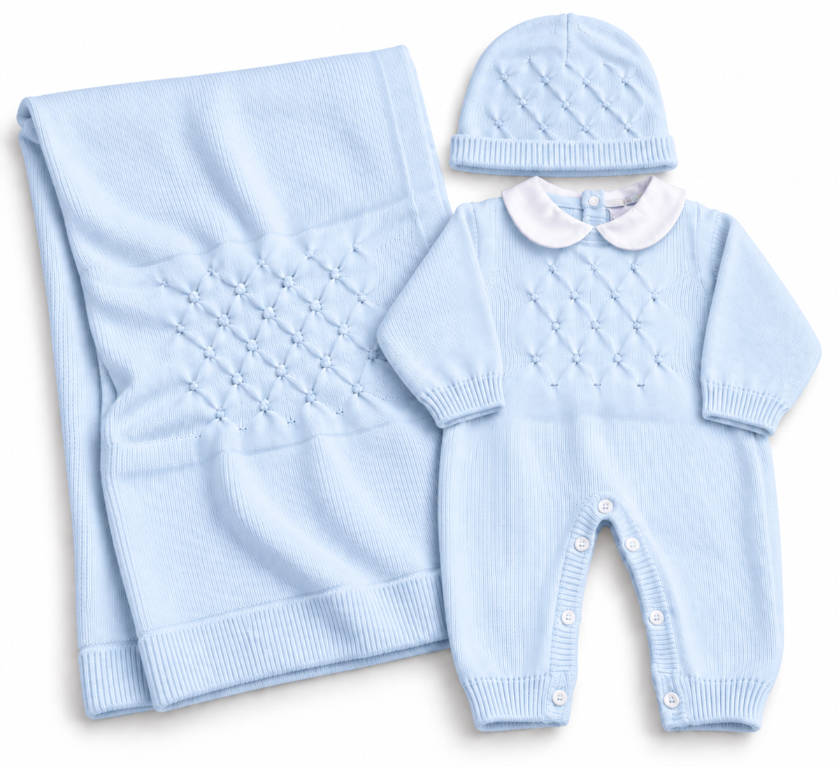 Completo Nascita Neonato in Maglia con Copertina e Cappellino – 3 Pezzi Pastello