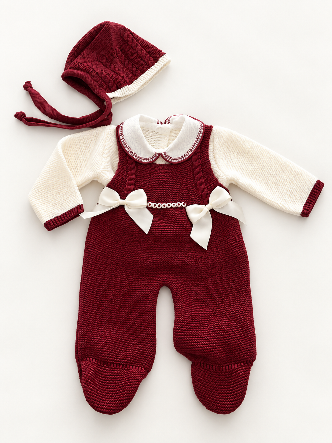 Tutina neonata in maglia con cuffietta e fiocchi eleganti bordeaux e panna