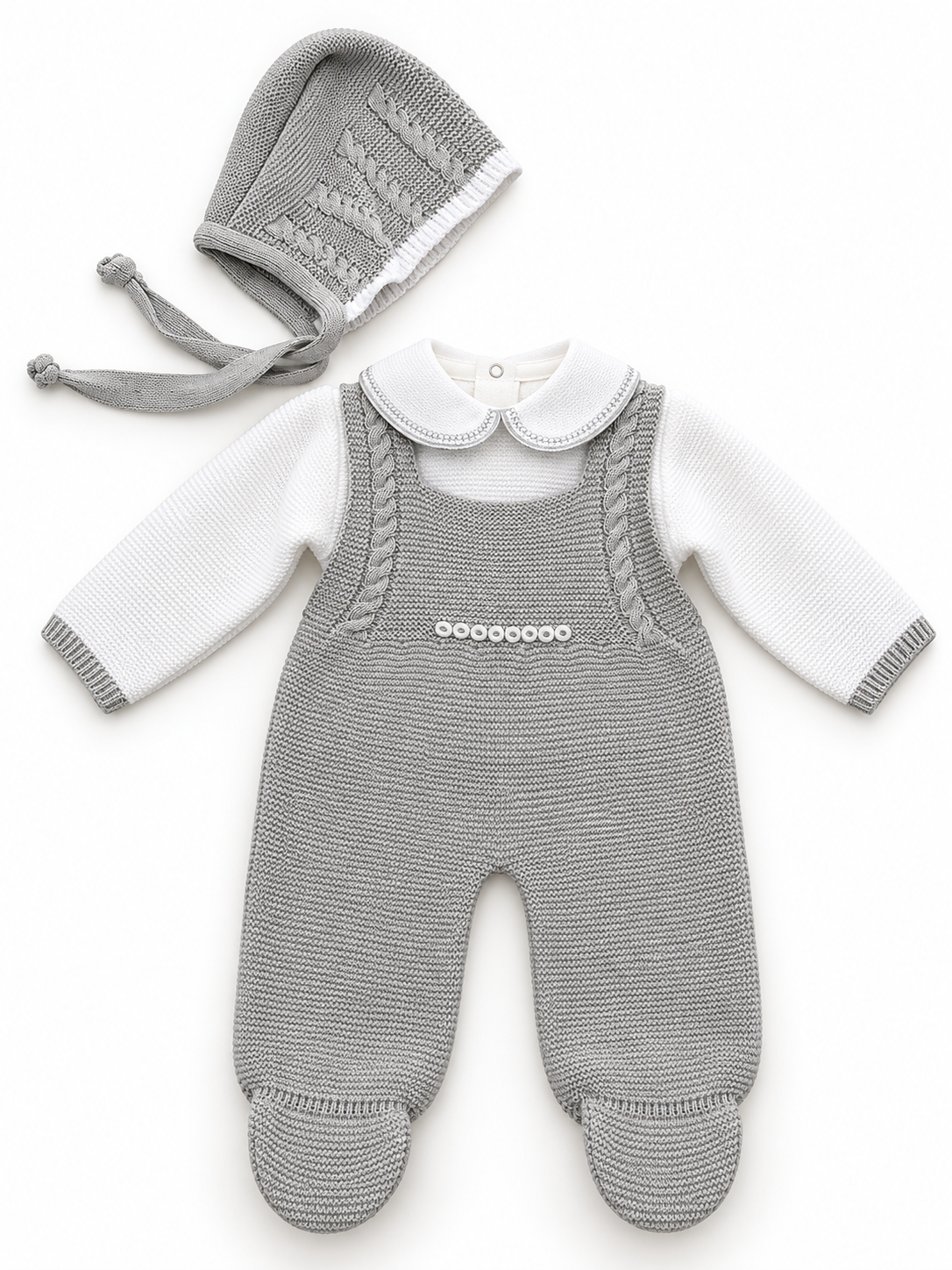 Completo nascita in maglia con tutina e cuffietta coordinata