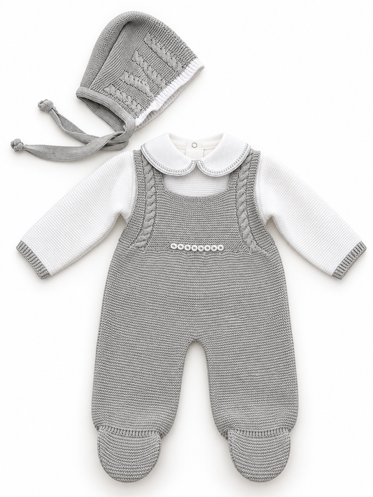 Completo nascita in maglia con tutina e cuffietta coordinata
