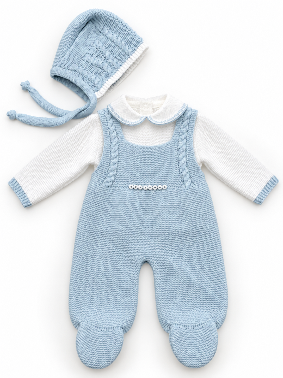 Completo nascita in maglia con tutina e cuffietta coordinata