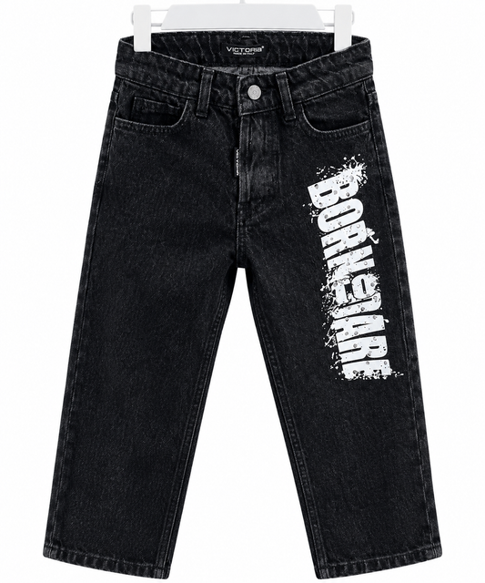 Jeans Bambino Nero Effetto Lavato con Stampa Born to Dare