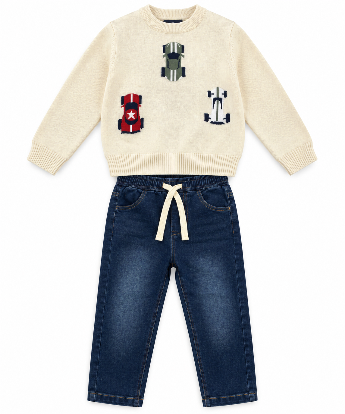 Completo Bambino con Maglioncinocon Auto e Jeans Blu con Coulisse