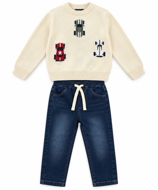 Completo Bambino con Maglioncinocon Auto e Jeans Blu con Coulisse