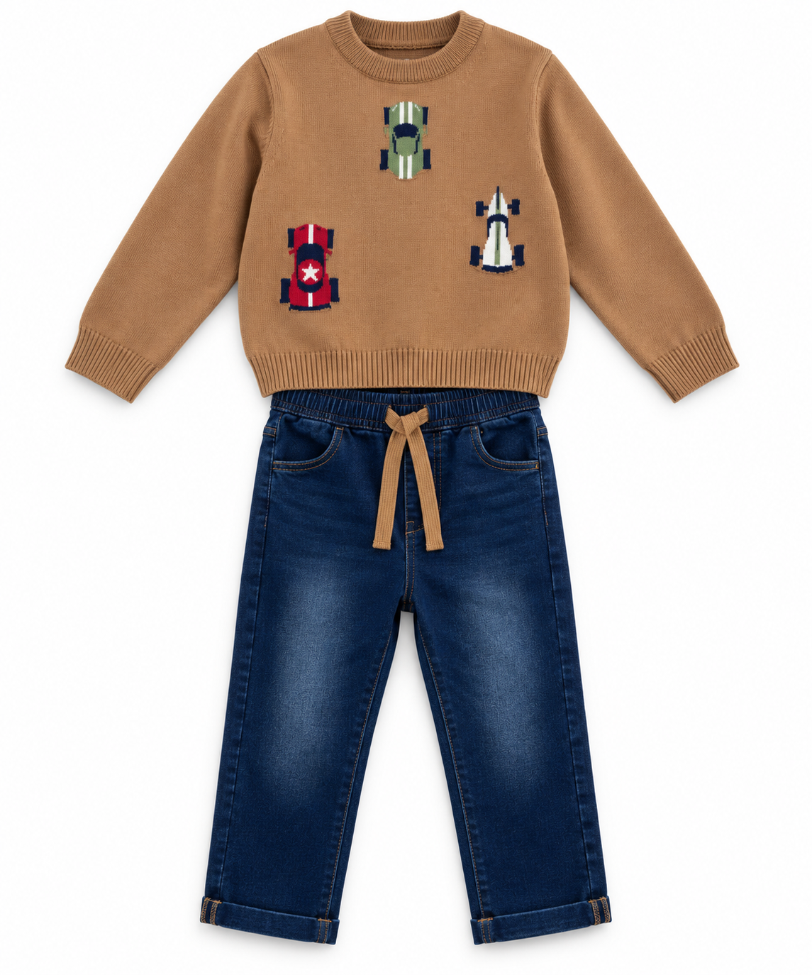 Completo Bambino con Maglioncinocon Auto e Jeans Blu con Coulisse