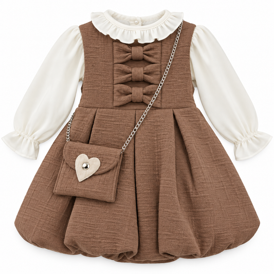 Vestitino elegante da bambina con camicetta e borsetta coordinata
