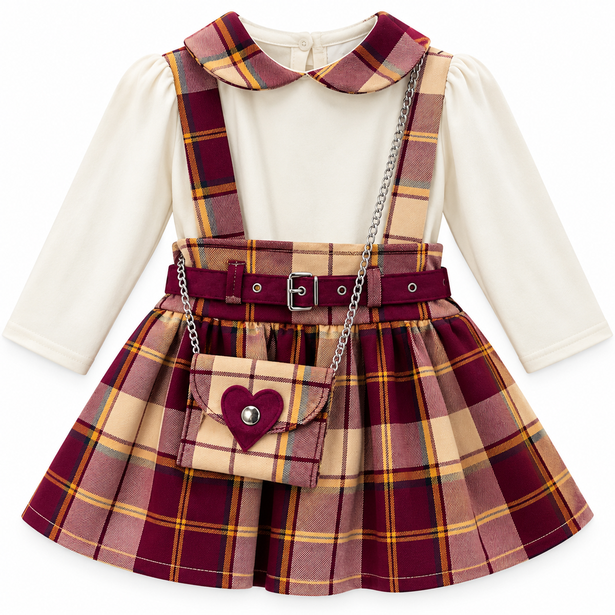 Completo elegante da bambina con vestitino a quadri, camicetta e borsetta