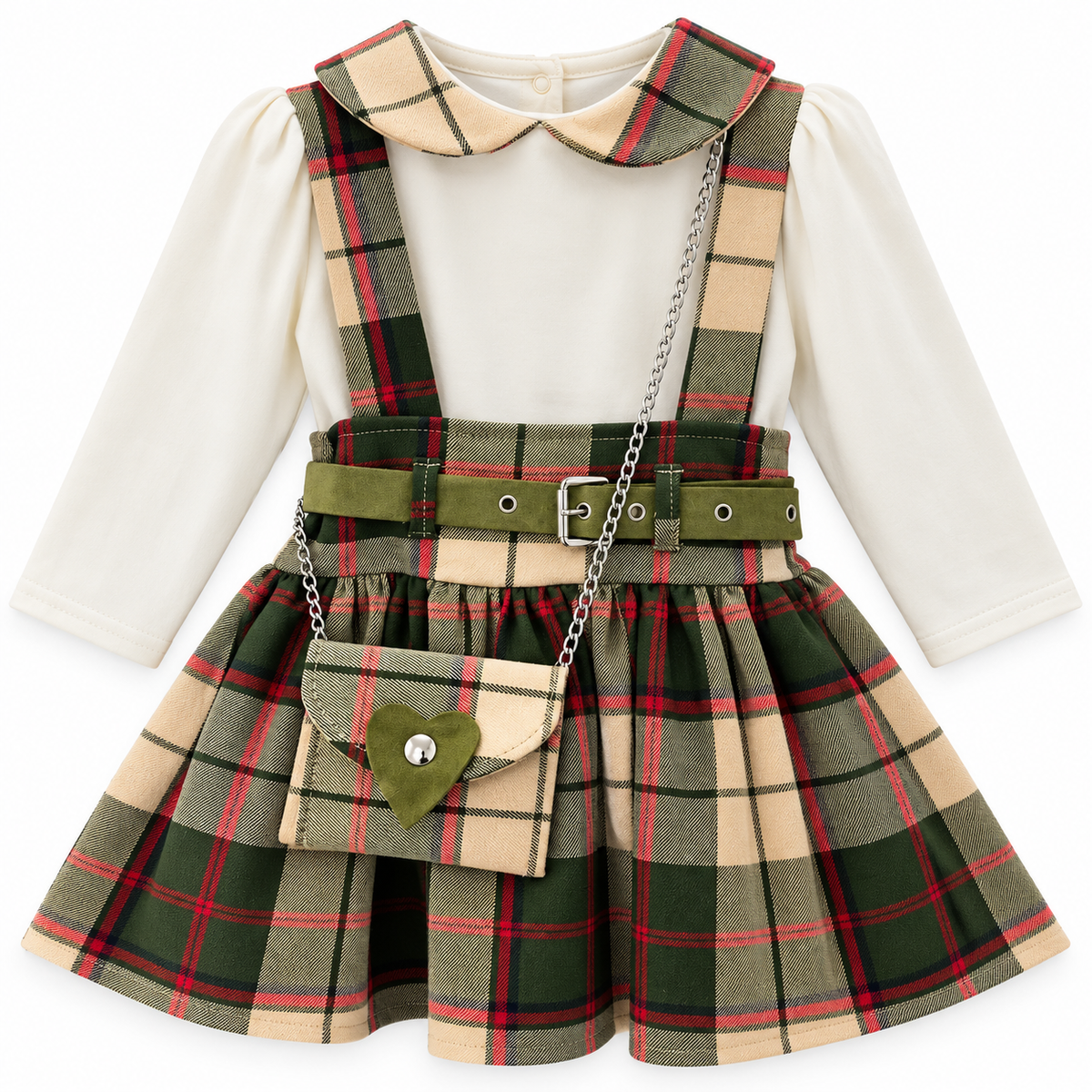 Completo elegante da bambina con vestitino a quadri, camicetta e borsetta