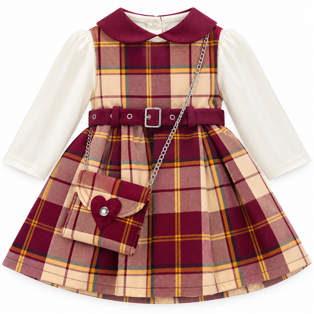 Completo elegante da bambina con vestitino a quadri, camicetta e borsetta 812/3