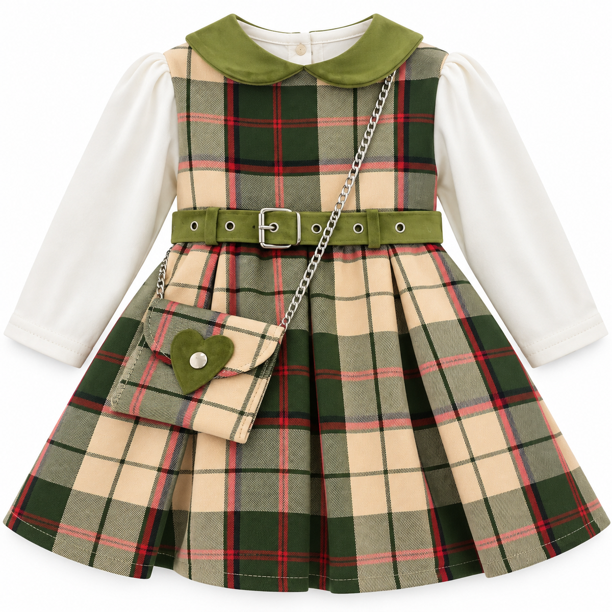 Completo elegante da bambina con vestitino a quadri, camicetta e borsetta 812/3