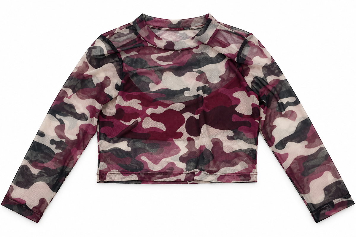Maglia corta in Tulle Camouflage a Maniche Lunghe