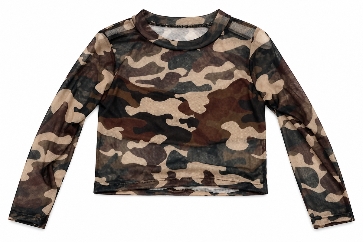 Maglia corta in Tulle Camouflage a Maniche Lunghe