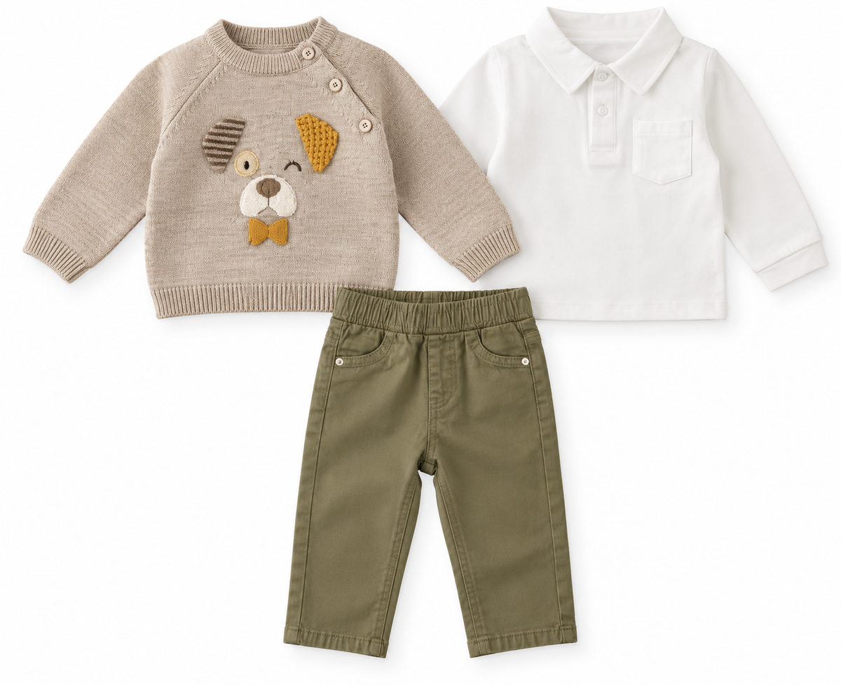 Completo neonato con maglioncino ricamato, polo bianca e pantalone