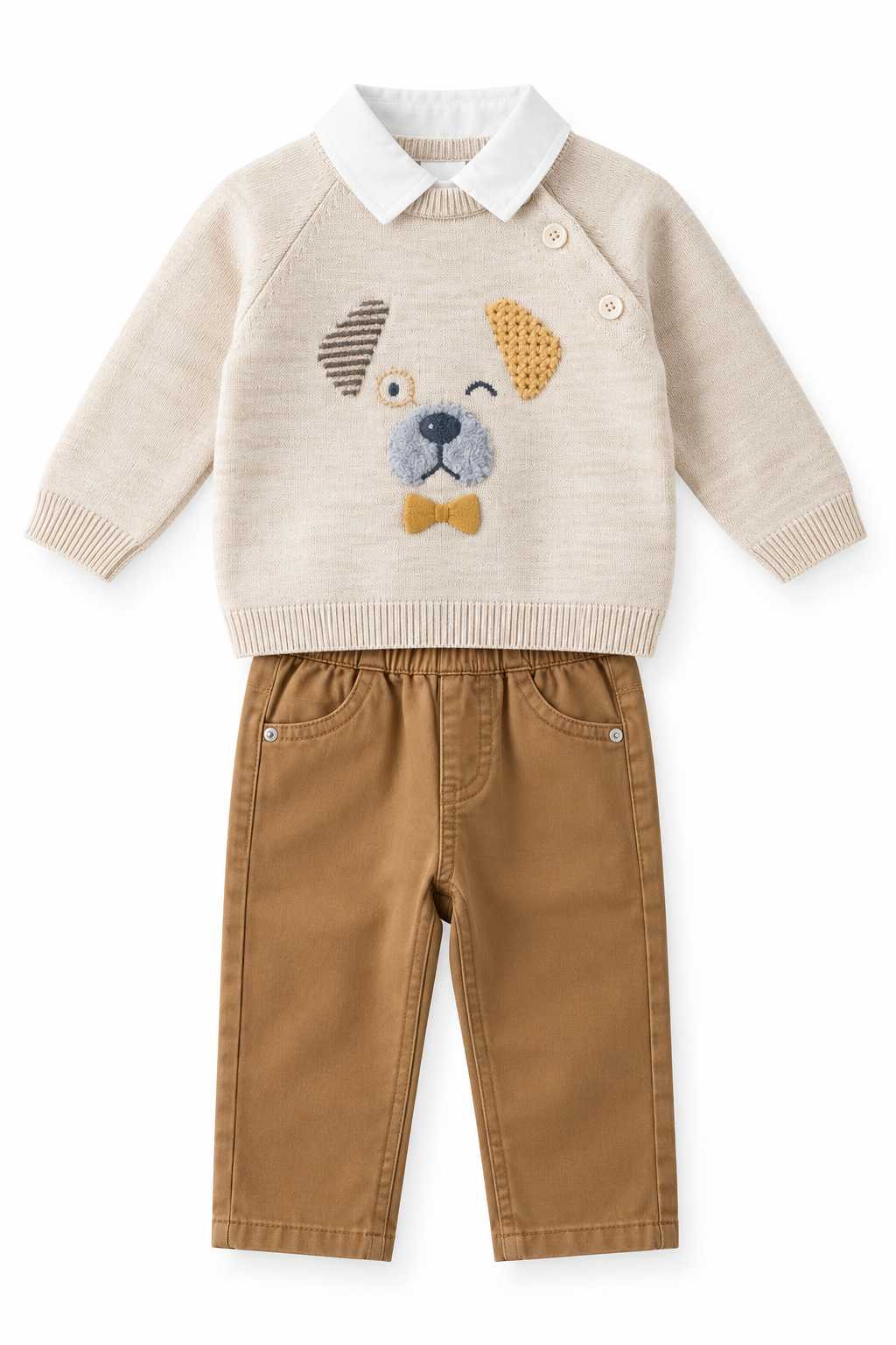 Completo neonato con maglioncino ricamato, polo bianca e pantalone
