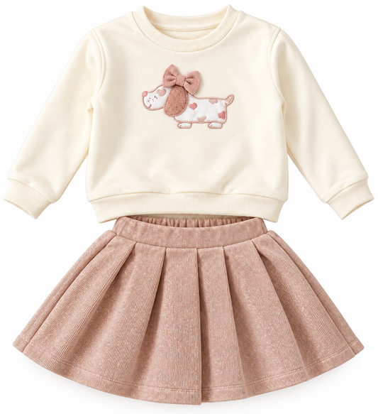 Completo bambina felpa con cagnolino e gonna lurex