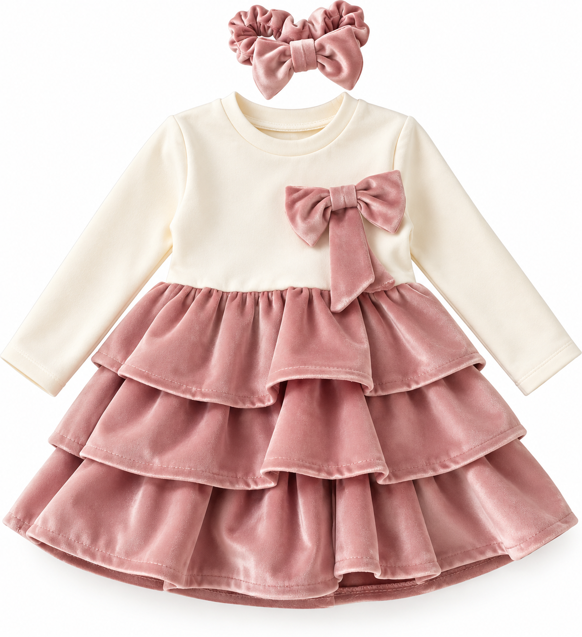 Abito bambina in ciniglia con fiocco e gonna a balze 961