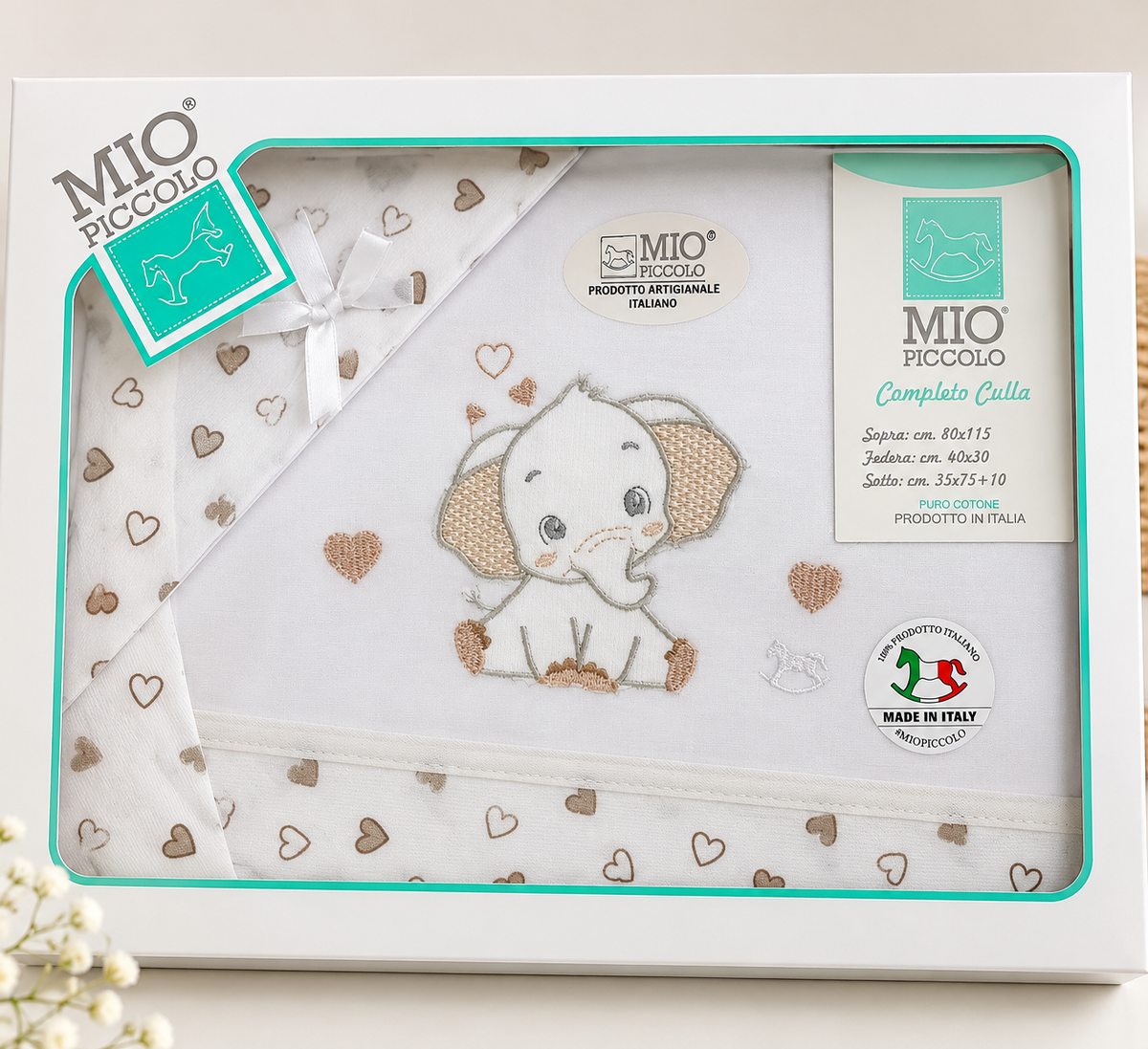 Mio piccolo- Completo Lenzuola 3 Pezzi Carrozzina elefante